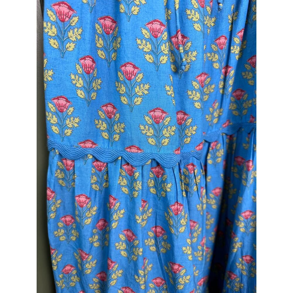 NWT Saylor Zarina Floral Bouquet Block Print Midi Resort Boho Dress Blue Small - Picture 3 of 6